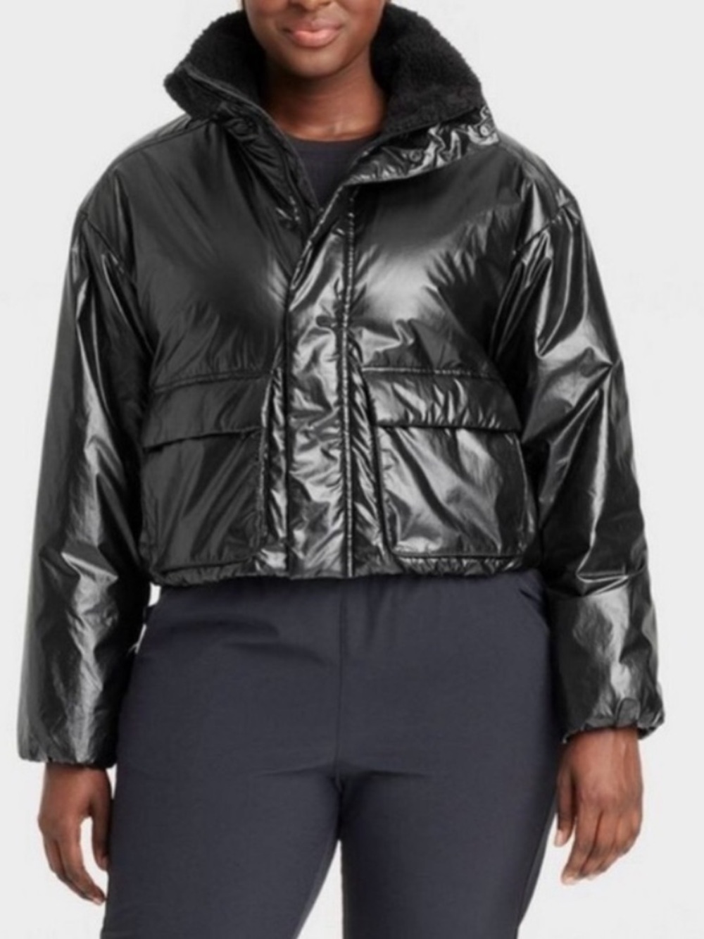 Shiny Black Cropped Puffer Jacket Size XL